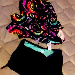 This kids 10/12 bathing suit is in the colors blue purple pink and  yellow